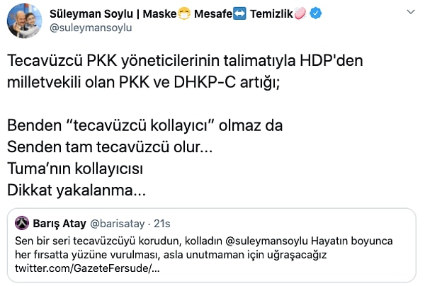 Atay verdiği ek beyanında ise ölüm tehditleri aldığını hatırlatarak Soylu'yu işaret etti 👇