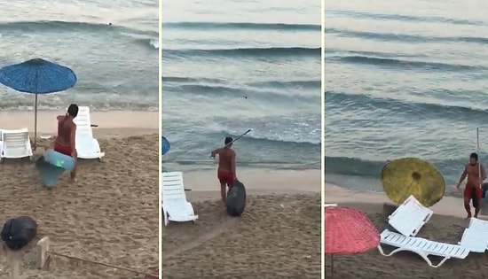Kuşadası'nda Plajdaki Eşyalara Zarar Verip Denize Çöp Atan Maganda Gözaltına Alındı