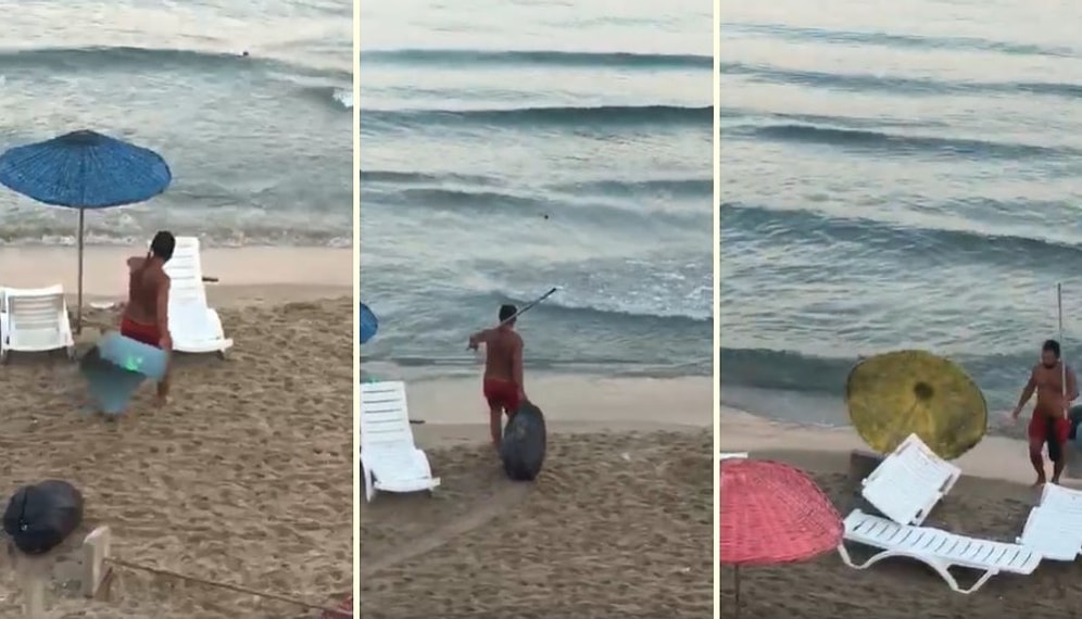 Kuşadası'nda Plajdaki Eşyalara Zarar Verip Denize Çöp Atan Maganda Gözaltına Alındı