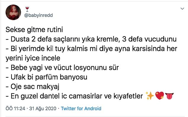 Twitter'da bulunan bu kullanıcı da cinsel birliktelik öncesi yapılması gereken ya da yapılmasının doğru olduğuna inandığı adımları şu şekilde sıralamış.