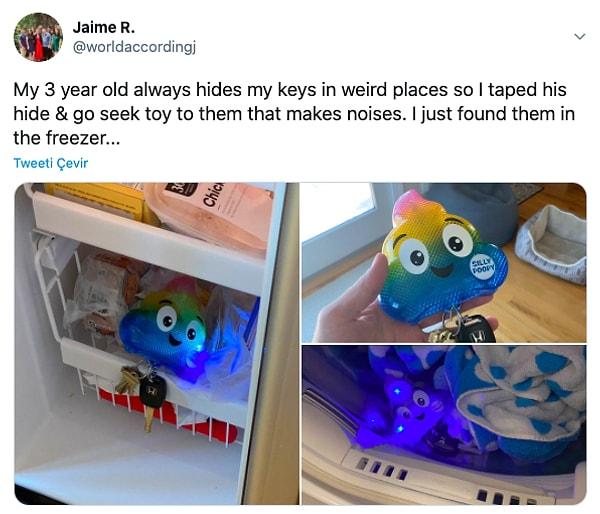 6. "3 yaşındaki çocuğum sürekli anahtarlarımı garip yerlere saklıyor. Ben de ses çıkaran saklambaç oyuncağını onlara aldım. Az önce buzlukta buldum."