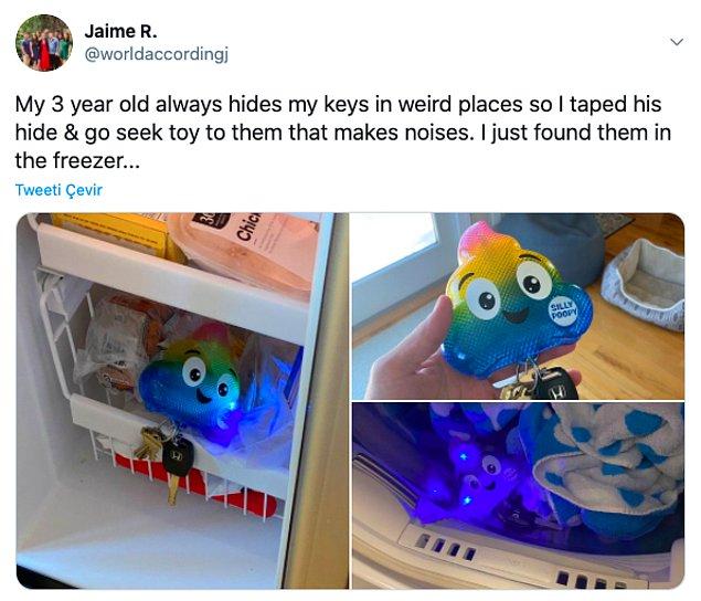 6. "3 yaşındaki çocuğum sürekli anahtarlarımı garip yerlere saklıyor. Ben de ses çıkaran saklambaç oyuncağını onlara aldım. Az önce buzlukta buldum."