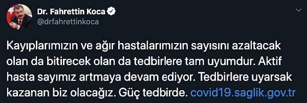 Bakan Koca Twitter mesajında ise şu ifadelere yer verdi: