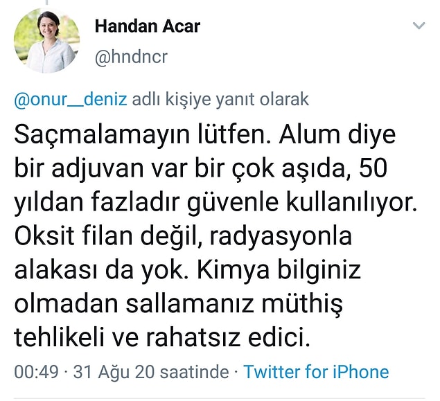 Bu tweet'in yanlış bilgi içerdiği uyarısı ise Oklahoma Üniversitesi Biyomedikal Bölümü'nde Yardımcı Doçent olan Handan Acar'dan geliyor...