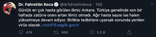 Sağlık Bakanı Fahrettin Koca, Twitter paylaşımında, en çok hastanın Ankara'da görüldüğünü söyledi
