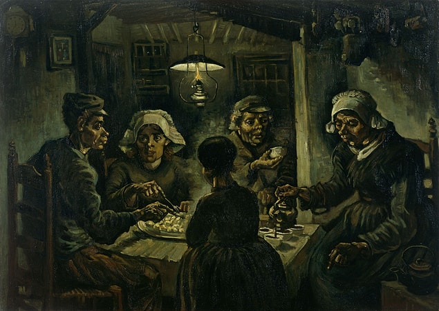 Hollandalı expresyonist ressam Vincent Van Gogh 1885 yılında tamamladığı ünlü “Patates Yiyenler” tablosunda; içinde aşk, nefret ya da entrika değil sadece ekmek ve yaşam kavgası olan basit ama bir o kadar hayatın içinden bir hikâyeyi resmeder.