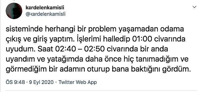 10 EYLÜL 2020: Kardelen Kamışlı isimli bir kadın, otel odasında uyurken gece tanımadığı bir erkeğin odasına girdiğini iddia etti ve yaşadığı korku dolu anları Twitter'dan paylaştı.