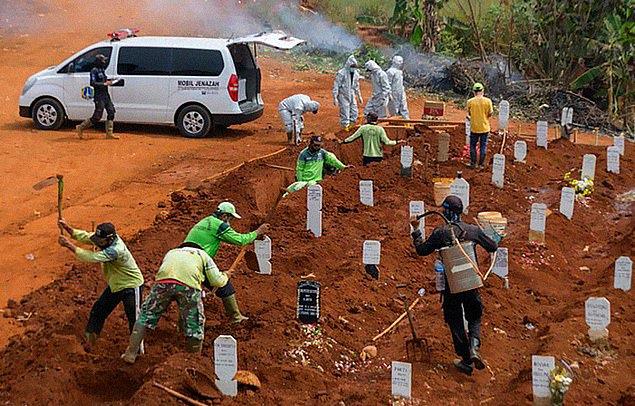 Endonezya'nın Doğu Cava bölgesinde, maske takmayan 8 kişiye ceza olarak koronavirüsten hayatını kaybedenler için Ngabetan köyündeki mezarlar kazdırıldı.
