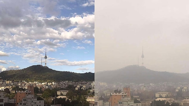 Bu fotoğraf da Seul'da hava kirliliğini gözler önüne seren bir görsel.