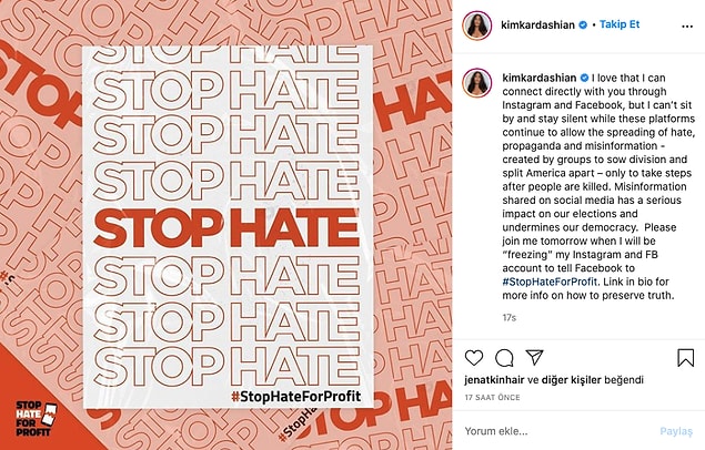Instagram'da 188 milyon takipçisi olan Kim dün yaptığı bir paylaşım ile Facebook ve Instagram hesaplarını donduracağını belirtti.
