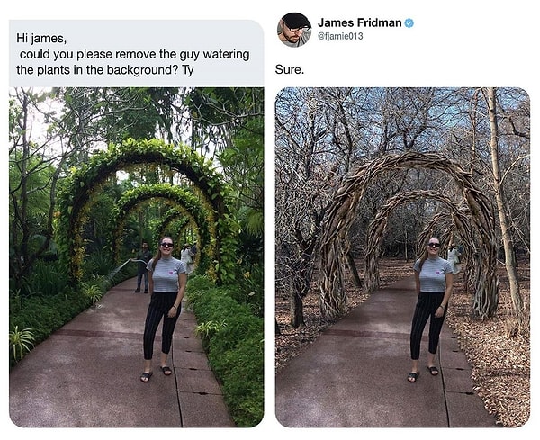 9. «Можешь убрать парня, который сзади поливает растения?»