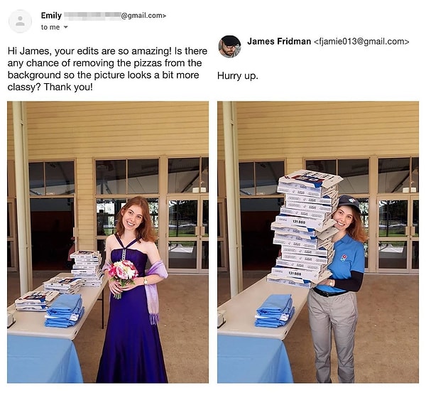 10. «Есть возможность убрать пиццы сзади, чтобы фотография выглядела лучше?»