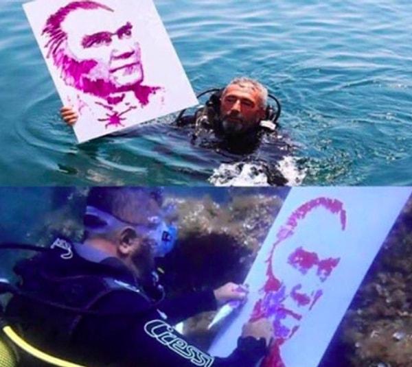 13. Denizin altında yağlı boya ile Atatürk'ün portresini yapan ressam Turgut Kahraman