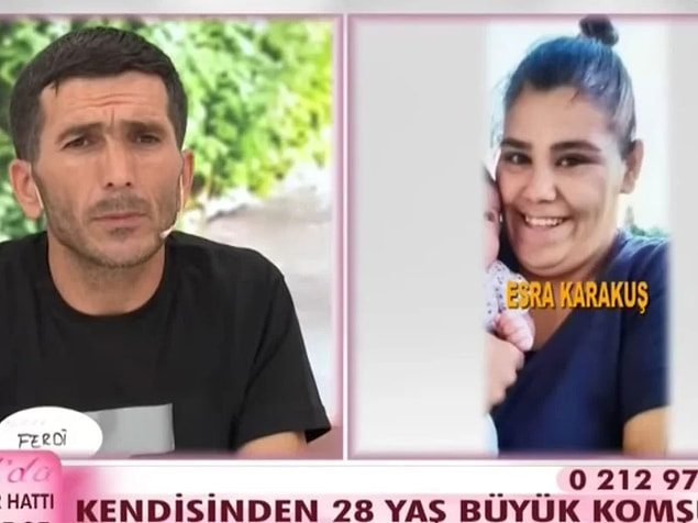 Eşi kendisinden 28 yaş büyük olan komşusu Cengiz ile kaçan Ferdi, çocuğunu ve eşini bulmak için Esra Erol'a başvurmuştu.