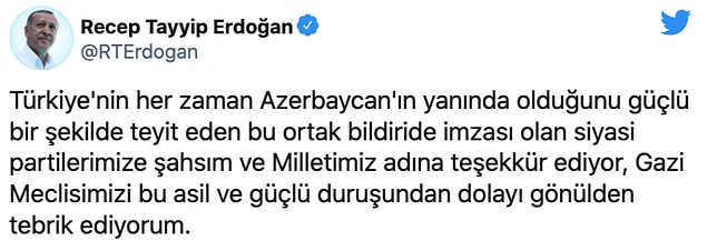 Cumhurbaşkanı Erdoğan, teşekkür mesajı yayımladı