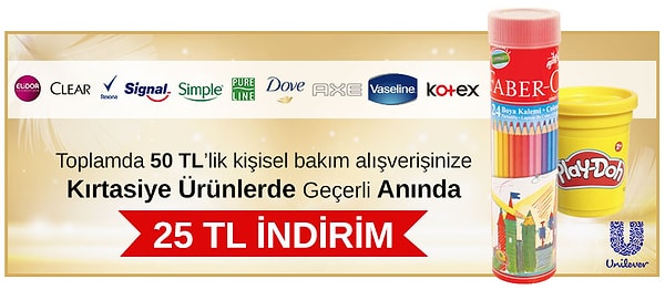 11. D&R'da Unilever'in güzel bir kampanyası var. Toplamda 50 TL'lik kişisel bakım ürünü aldığınızda, kırtasiye ürünlerinde anında 25 TL indirim kazanıyorsunuz.