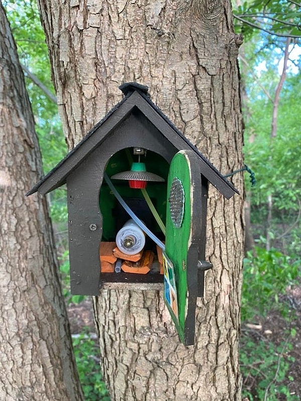 14. «Почему у этого фальшивого скворечника есть какие-то технические предметы внутри? (Лес у озера неподалёку от Берлина, Германия)