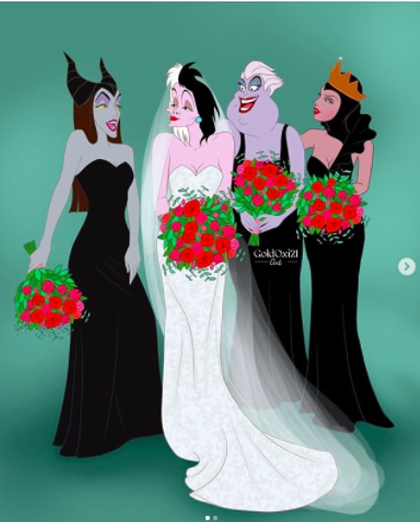 18. Помимо рисования принцесс как мам, Оскана по-своему изображает других персонажей Диснея. Например, она также представляет себе злодеев Диснея на их свадьбах.