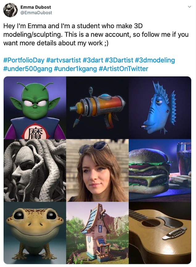 54. "Merhaba ben Emma ve 3D modelleme yapan bir öğrenciyim. Bu yeni hesabım, işim hakkında daha fazla bilgi fazla bilgi istiyorsanız takip edin"