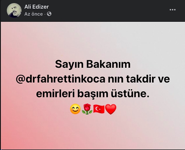 Haberin ardından Edizer Facebook hesabından bir paylaşım yaptı👇