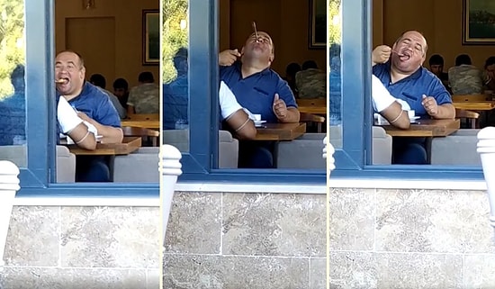 Çorba İçerken Kendisini Videoya Çeken Kişiyi Fark Edip Yaptığı Hareketler ile İştah Açan Adam