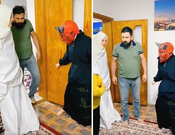 Beyinleri yakan TikTok videosunda, eve gelen erkeği Şeytan ve Melek figürleri karşılıyor. İçeri adım atacağı sırada ise sağ ayak ile mi yoksa sol ayakla mı gireceği konusu Melek ile Şeytan arasında bir düelloya dahil oluyor.