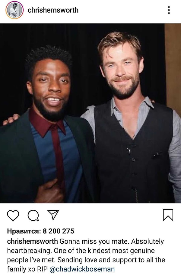 Крис Хемсворт, занимающий пятое место в этом рейтинге, опубликовал самый популярный снимок, собрав 8 миллионов лайков в Instagram за совместную фотографию с Боузманом.
