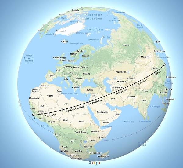 5. Эта линия между Либерией и Китаем = 13500 километров по прямой, где не встречается ни одной существенной водной преграды