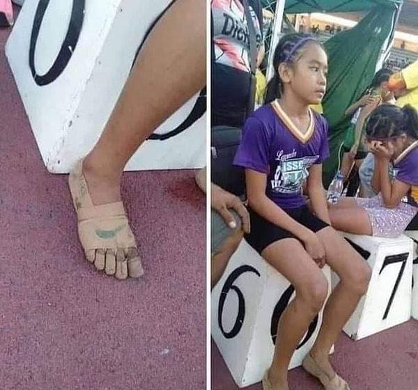 9. Yarışmak için spor ayakkabısı olmayan ve ayaklarını alçı ile kaplayarak yarışmada 3 altın madalya kazanan 11 yaşındaki Thea Bullos