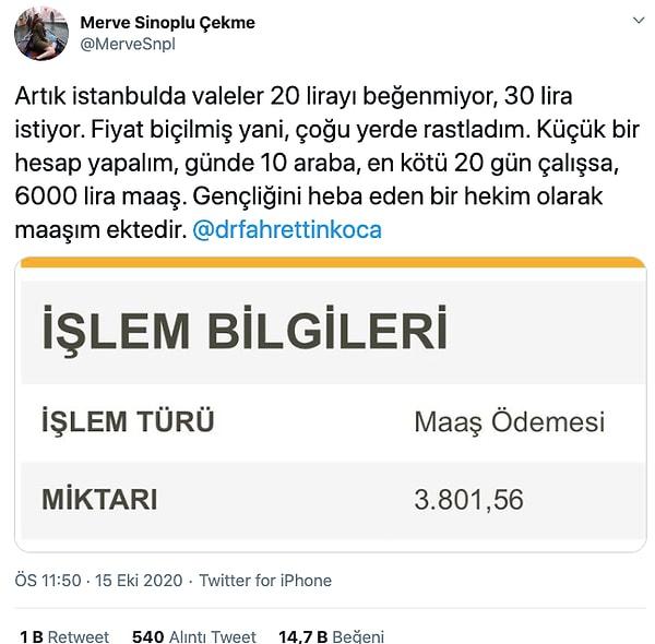 Merve Sinoplu isimli doktorluk yapan Twitter kullanıcısı maaş görüntüsünü paylaştı ve aldığı ücretin düşüklüğünü vale ücretiyle kıyasladı.