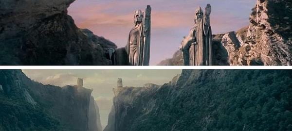 12. 'Yüzük Kardeşliği'nde, Isildur'un heykelini ilk gördüğümüzde sol eli kaldırıyor ancak sonraki sahnede sağ elini kaldırıyor.