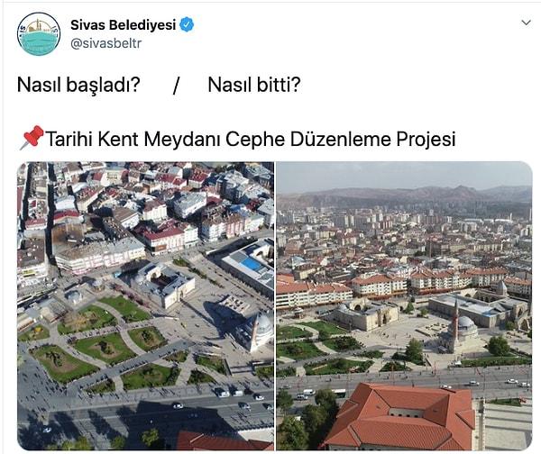 1. Sivas Belediyesi de bu akıma uyarak Kent Meydanı cephe düzenlemesi projesinin nasıl başlayıp nasıl bittiğini paylaştı...