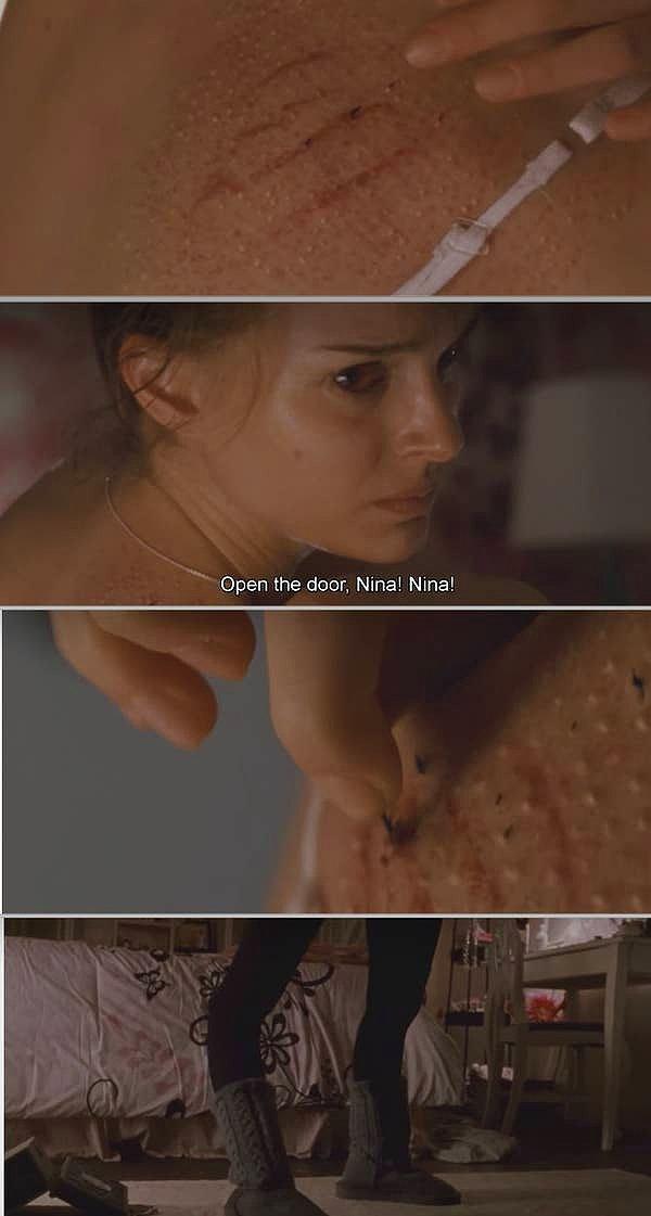 4. Siyah Kuğu filminde, Nina'nın omzundan tüyler çıkardığı ve dizlerinin kırıldığı sahne.