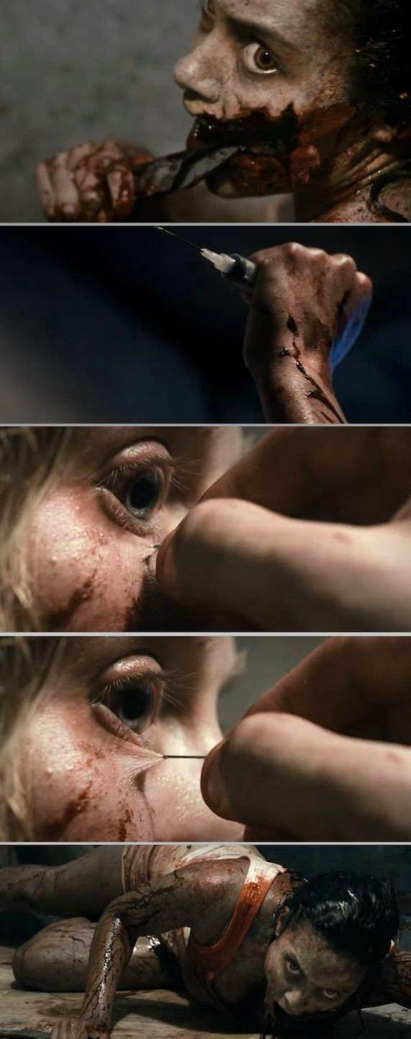 5. Kötü Ruh filminde, Olivia'nın yüzünün cam ile kesildiği ve Eric'in tam gözünün altına iğne batırarak yavaşça çektiği sahne.