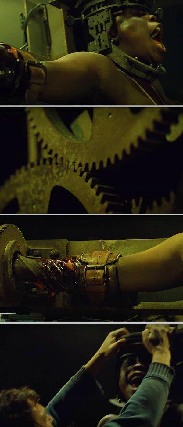 13. Testere 3 filminde, Timothy'nin onu yavaş yavaş içine alarak ezen makineye bağlandığı ve kırılan kemik seslerinin açıkça duyulduğu sahne.