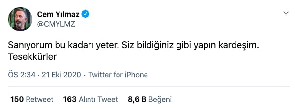 Son olarak attığı bu tweetle veda etti kendisi.