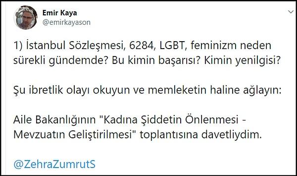 Aile Bakanı Zehra Zümrüt Selçuk'u da etiketleyerek "Bir tane makul Türk-İslam kadını yok. Bir tane erkek sözcüsü yok. Dibine kadar feminizm vahşiliği" diyen Emir Kaya'nın paylaşımları 👇