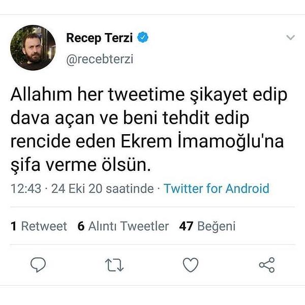 Ancak yaptığı ve sonrasında tepkiler üzerine sildiği bu tweette ise açık açık Ekrem İmamoğlu'nun ölmesini istediğini yazdı.