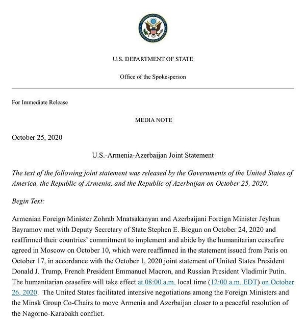 ABD Dışişleri Bakanlığı tarafından yapılan yazılı açıklamada şöyle denildi 👇