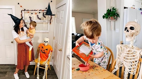 Малыш подружился со скелетом, которого купили его родители в качестве украшения на Хэллоуин