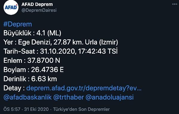18:00 İzmir Urla'da bir deprem daha