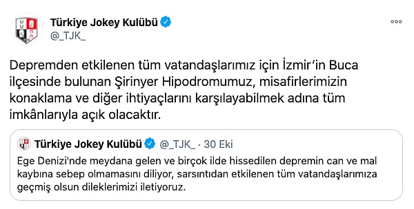 Depremin hemen ardından Türkiye Jokey Kulübü'nün anlamlı bir paylaşım yaptı ve bu paylaşım birçok insanı harekete geçirdi.