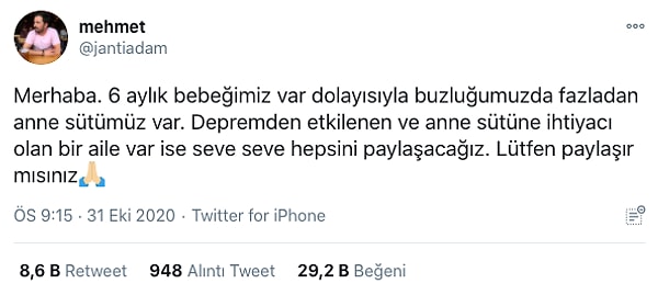 Aynı şekilde, bir baba olan mehmet de buzluklarında sağılmış süt olduğunu duyurdu.