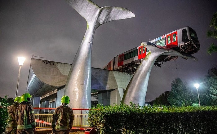 Поезд врезался в барьер на голландской станции и приземлился на гигантскую скульптуру кита на высоте 7 метров