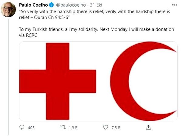 11. Dünyaca ünlü yazar Paulo Coelho, Kuran'dan ayet paylaşarak İzmir için bağış yapacağını açıkladı!