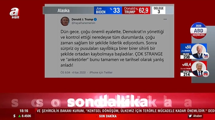 A Haber'in Fake Olduğu İddia Edilen Donald Trump'ın Türkçe Tweet'ini Ekrana Yansıtması