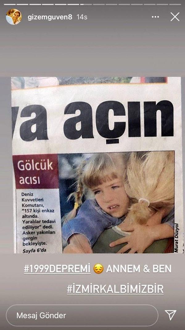 Güven, İzmir depreminin ardından annesine sarılırken çekilen fotoğrafın yer aldığı 1999 yılına ait haberi Instagram hesabından paylaştı.
