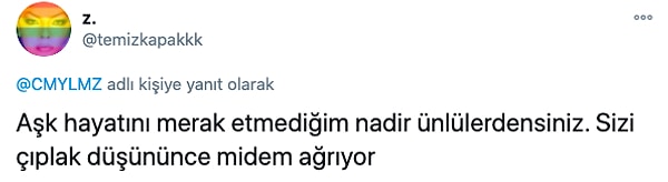 Yaptı yapmasına ama z. adlı Twitter kullanıcısı kendisine beklenmedik bir cevap verdi... "Cem Yılmaz'ı çıplak düşünmek istemediğini" söyledi.