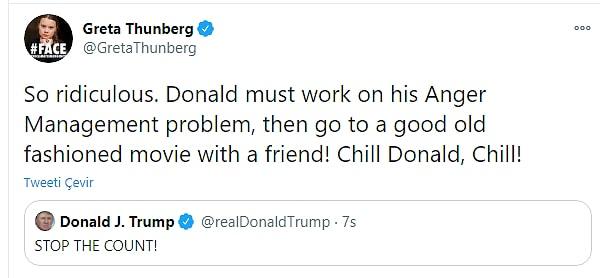 Greta Tweet'inde, "Çok gülünç. Donald öfke kontrolü sorunuyla başa çıkmak için çalışmalı, sonra bir arkadaşı ile eski tarz, güzel bir filme gitmeli. Sakin ol Donald, sakin ol!"