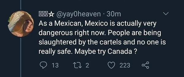 "Bir Meksikalı olarak, Meksika aslında şu an çok tehlikeli. İnsanlar karteller tarafından katlediliyor ve kimse güvende değil. Belki Kanada'yı denersin?"